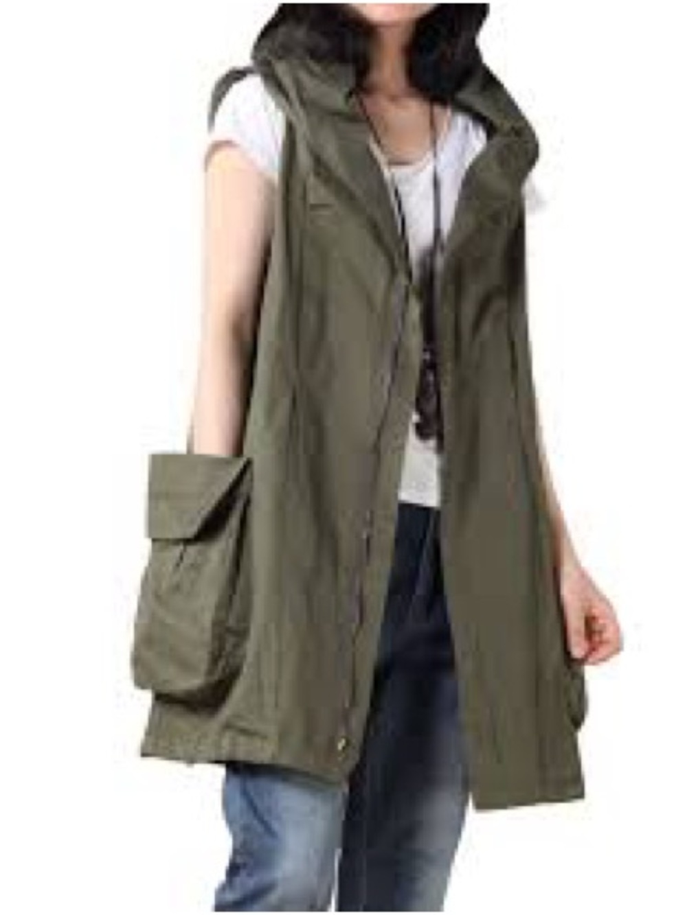 Mordenmiss Olive Green Hooded Utility Vest Cargo Pockets Sleeveless Jacket